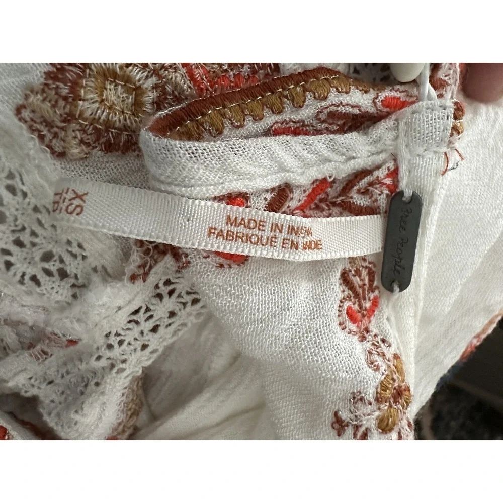 Free People Dress XS Sunrise Wanderer Mini Dress Embroidered Floral Boho Peasant